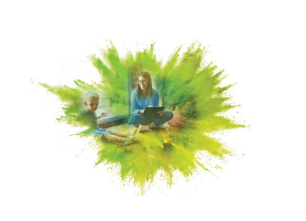 ABA Therapy Basics blog featured image. Stylized splash image of a woman teaching a child.